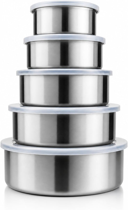 HANDIT 5-Piece Stainless Steel Food Storage Containers with Lids, Nesting Metal Bowls Set, Lightweight, BPA-Free Lids, Meal Prep & Leftovers, Freezer & Dishwasher Safe (8oz, 12oz, 16oz, 18oz, 32oz)