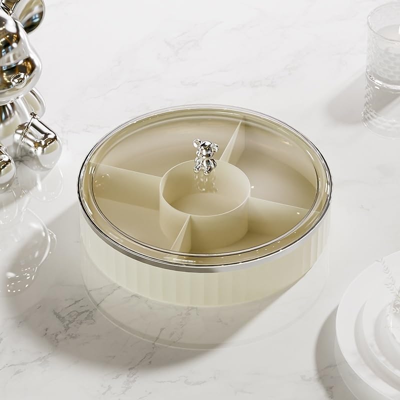 Rotating Snack Organizer with Lid,Accessible Luxury and High-End Snacks, Melon Seeds, Candies, Dried Fruits and Nuts Plate, Living Room Coffee Table, High-Looking Fruit Plate (Cream)