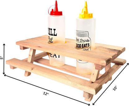 Wooden Picnic Table Condiment Caddy, Hand-Crafted Wood, 12 x 10 x 5 in, for BBQ and Outdoor Use
