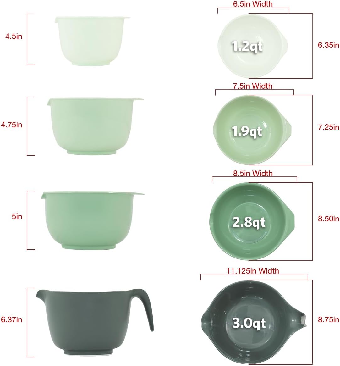 Glad Mixing Bowls with Pour Spout, Set of 4 - Nesting Plastic Bowls (1.2qt, 1.9qt, 2.8qt, and 3qt with Handle) - Non Slip Base, Dishwasher Safe Kitchen Cooking and Baking Supplies, Green
