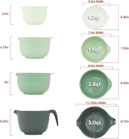 Glad Mixing Bowls with Pour Spout, Set of 4 - Nesting Plastic Bowls (1.2qt, 1.9qt, 2.8qt, and 3qt with Handle) - Non Slip Base, Dishwasher Safe Kitchen Cooking and Baking Supplies, Green