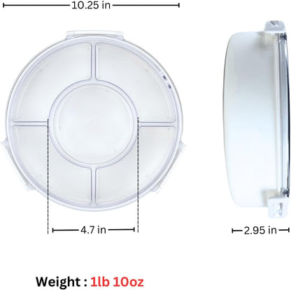 Lustroware Gourmet Palette Airtight 5-Compartment Round Serving Tray with Lid – Portable Snackle Platter & Charcuterie Organizer Box with Removable Dividers for Fruit, Vegetables, Snacks, Appetizers