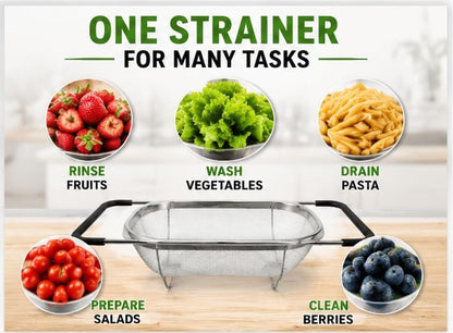 Expandable Over Sink Colander, Stainless Steel Mesh Strainer Basket with Extendable Handles, Kitchen Sink Colander for Washing Fruits, Vegetables, Pasta & Food Draining