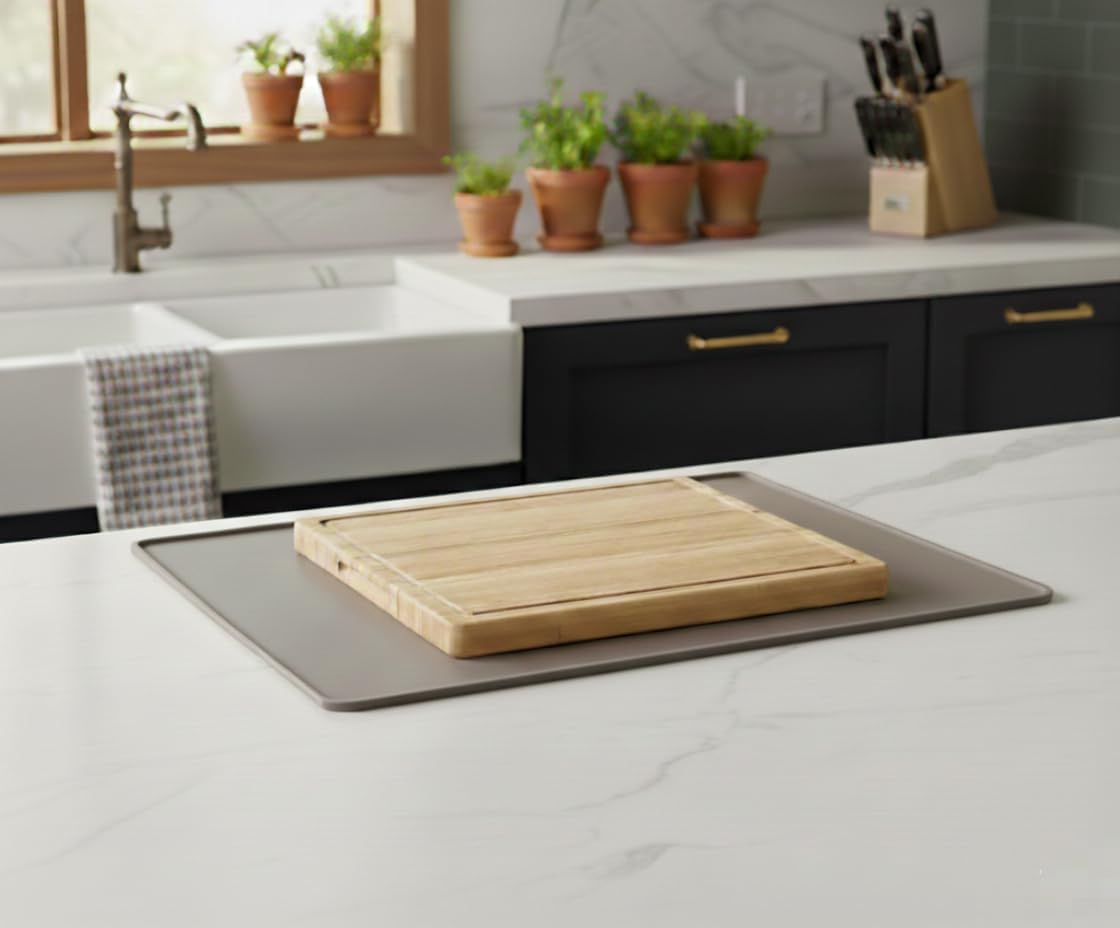 GASARÉ, Non Slip Cutting Board Mat, Grip Mat Pad, Under Kitchen Cutting Board, Raised Edges, Extra Large, Easy to Clean, 19 x 13 Inches, Taupe