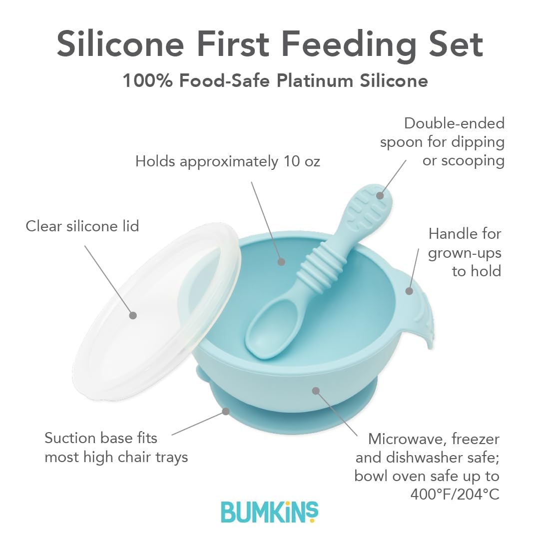 Bumkins Baby Bowl, Silicone Feeding Set with Suction for Baby and Toddler, Includes Spoon and Lid, First Feeding Set, Training Essentials for Baby Led Weaning for Babies 4 Months Up, Sage