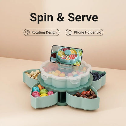 Divided Spin and Snack Serving Tray,2027 New Divided Serving Tray That Spins,Rotating Snack Box Container with Lid,Multi-Compartment Food Organizer Design,Lazy Susan Organizer for Fruit, Nuts, Candy