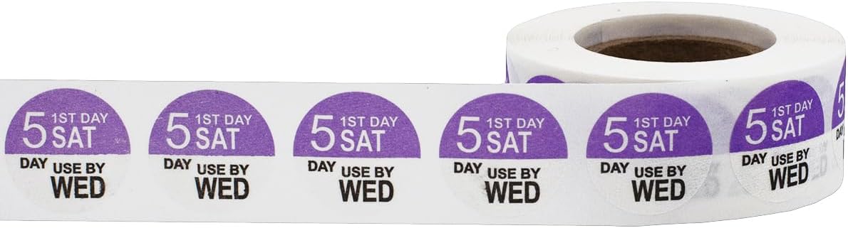Dissolvable Tuesday Through Saturday 5 Day Food Rotation Labels, 3/4 Inch Use by Stickers, 500 Total Adhesive Labels on a Roll for Restaurant and Kitchen Prep – Made in The USA
