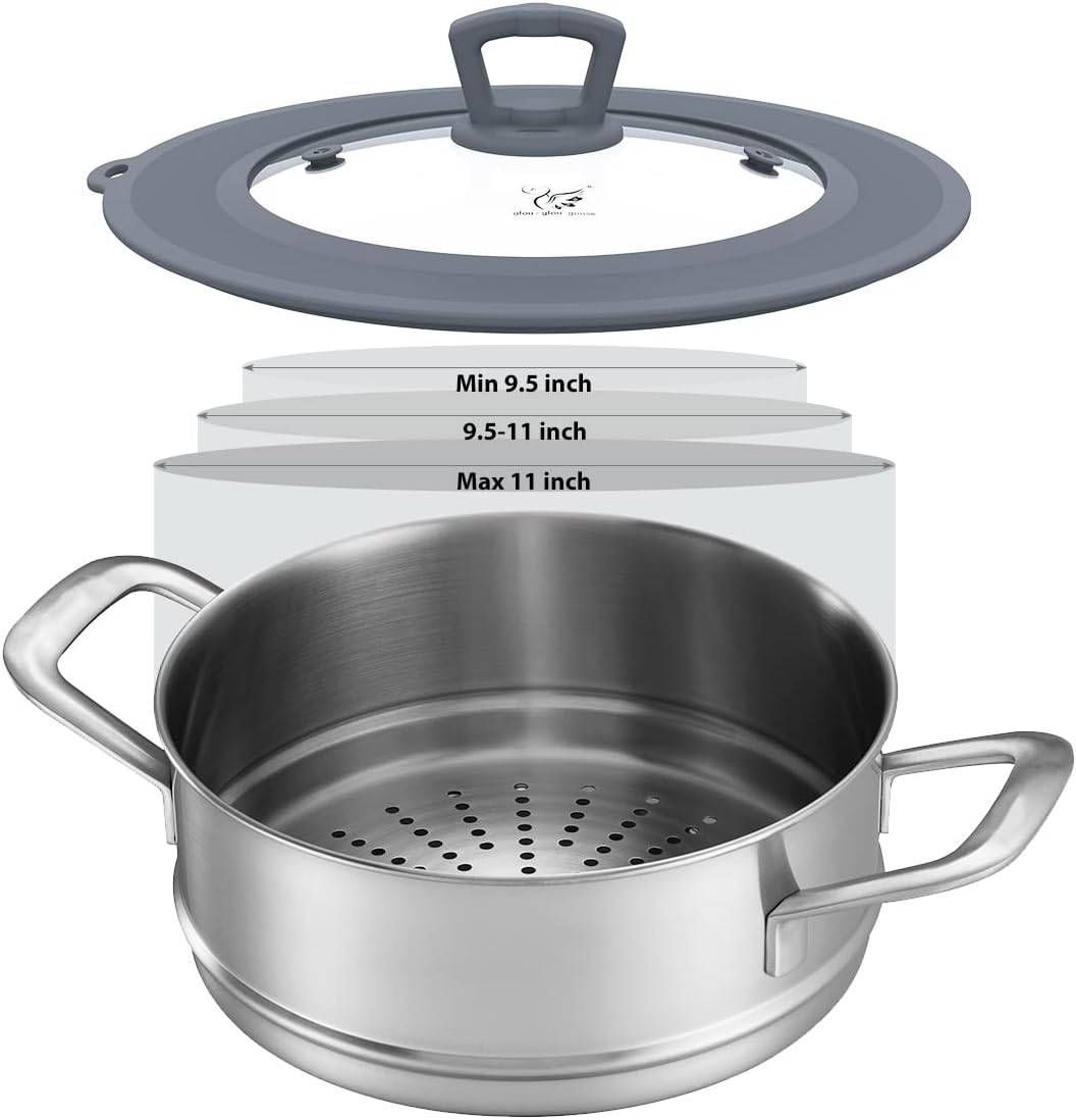 Vented Tempered Glass Universal Lid for Pot Pan Skillet with Heat Resistant Silicone Rim Microwave Splatter Lid Cover Microwave Safe Fit 11.5" 12" 12.5" Cookware, Dishwasher Safe Grey