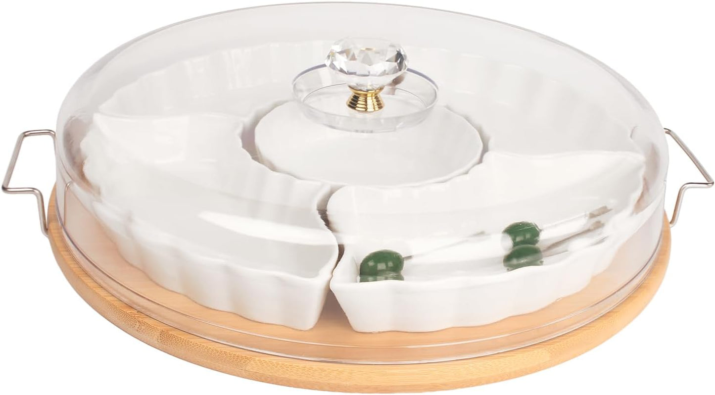 Divided Snack Tray with Lid, 5 Removable Snack Deli Containers with 4 Forks for Party Serving Plate, Fruit Tray with Dips, Snacks, Reusable for Meal Prep, 12.6 Inch