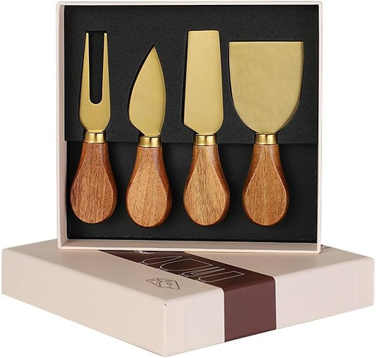 Cheese Knife Set, Stainless Steel Cheese Cutter with Wooden Handles for Charcuterie Boards, Ideal Hostess Gift for Christmas, Halloween, Holidays, Birthdays, Mother's Day,Weddings (Acacia Wood-Gold)