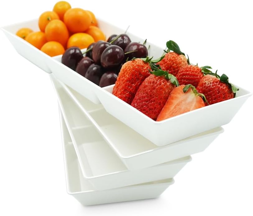 Divided Serving Tray Platter, 4 Pack 15" x 10" Fruit Veggie Food Tray for Party, Plastic Serving Trays for Appetizer, Snack, Dessert, Cookie, Brunch Decorations Platters, White Trays BPA-Free