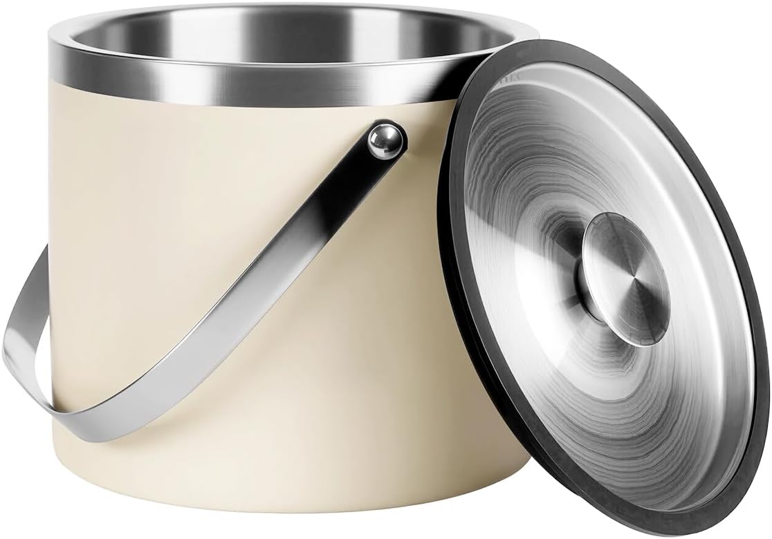 3L beige white Double Wall Insulated Stainless Steel Ice Bucket with scoop for Cocktail Bar,Metal Ice Bucket for freezer with Lid for parties.ice Container to Keep Ice Colder,bar cart accessories