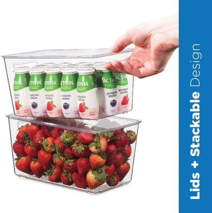 Set Of 12 Refrigerator Organizer Bins with Lids - Plastic Pantry Organization and Storage Baskets - Stackable Food Fridge Organizers with Cutout Handles for Freezer, Kitchen, Countertops, Cabinets