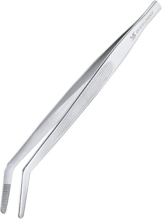 MSY BIGSUNNY Professional Chef Kitchen Cooking Precision Tweezers Culinary Curved Tip Tongs for Baking Decorating (1, 9.5")