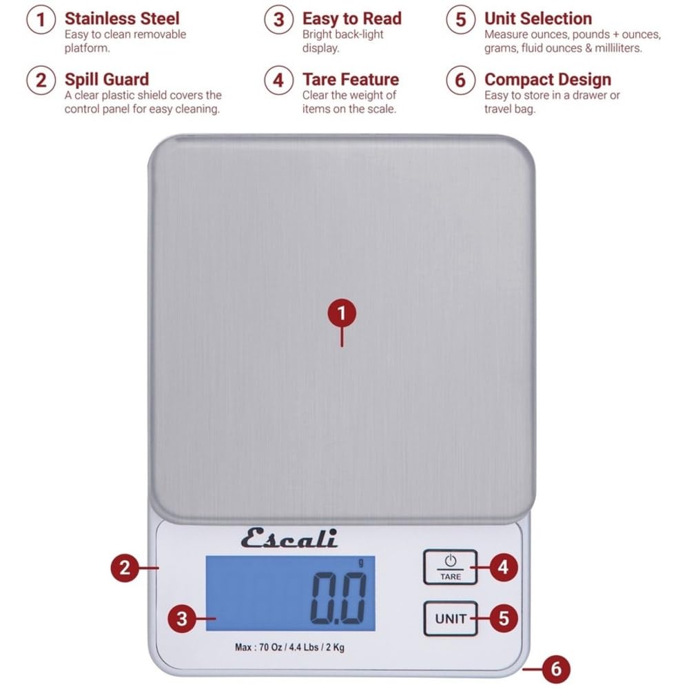 Escali Vera PR2000S Compact High Precision Kitchen/Baking/Herb Scale, Measures Liquid and Dry Ingredients, LCD Digital Display, 4.4lb Capacy, Silver