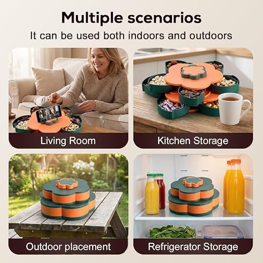 10-Grid Petal Rotating Snack Tray with Lid, Portable Divided Snackle Box Container for Party, Picnic and Camping, 360° Smooth Spinning Fruit Platter for Nuts, Fruits and Candy (C)