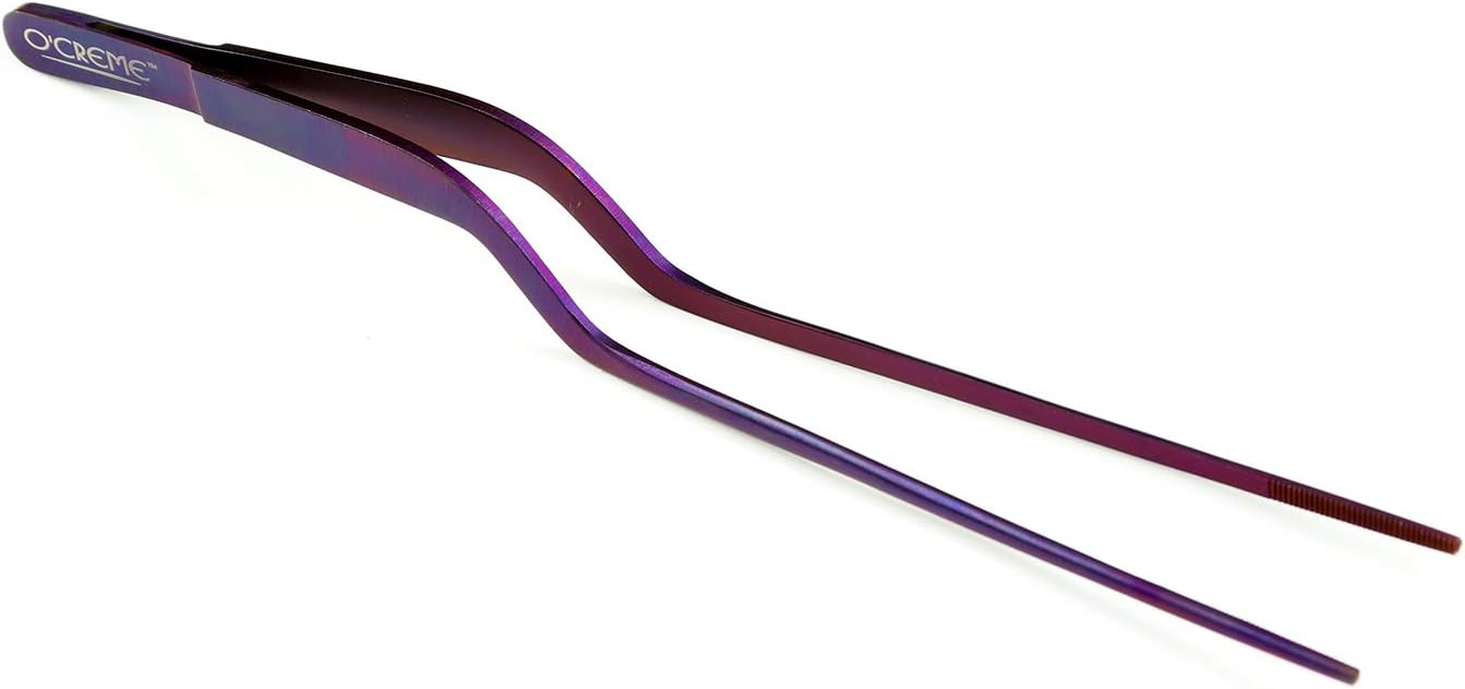 O'Creme 8 Inch Black Stainless Steel Precision Kitchen Culinary Offset Tweezer Tongs