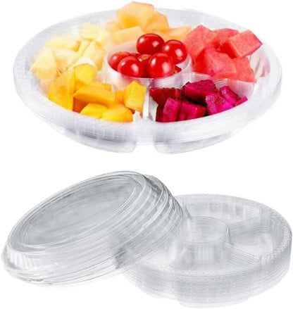 Clear Plastic Appetizer Trays with Lids, Travel Round Disposable Compartment Serving Platters,6 Sectional Catering Trays for Vegetable Salad Food for Fruit Veggie Snack Food Containers (12 Pack)