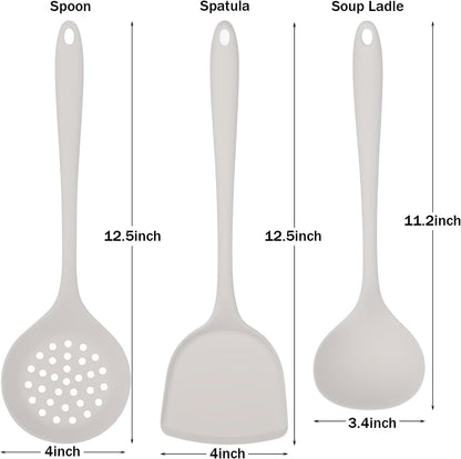Silicone Kitchen Utensil Set - 3 Piece Cooking Tools (Spatula, Soup Ladle, Slotted Spoon) - Heat Resistant, Non-Scratch, Food Grade Silicone for Non-Stick Pots & Pans (White - 3 Pcs)