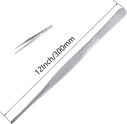 2-Pack 12-Inch BBQ Kitchen Tweezers Tongs, Extra-Long Stainless Steel Cooking Tweezers Dishwasher Safe for Grilling, Baking & Food Prep (12Inch BBQ Tongs)