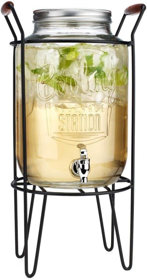 3 Gallon Classic Ice Cold Clear Glass Mason Jug Drink Beverage Dispenser Durable On Galvanized Stand With Leak Free Spigot-Easy Filling For Outdoor, Parties & Daily Use Lid