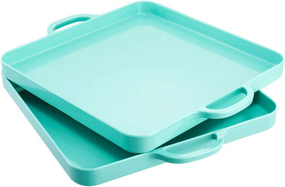 i BKGOO Foodservice Red Plastic Tray with Handle Set of 2 Large Melamine Cube Serving Platters for Parties, Table, Kitchen Size(12.5"x12.5"x1")