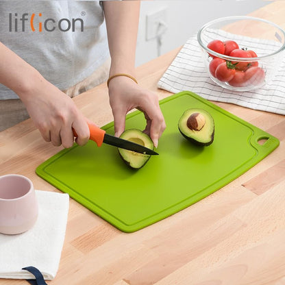 Liflicon Thick Cutting Boards for Kitchen Silicone Chopping Board Set of 2 Mid 12.6'' x 9.1”,Mini 9.1”x7.1” Non-slip Deep Drip Juice Groove Easy Grip Handle,Dishwasher Safe-Red