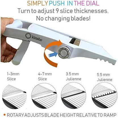 Mandolin Slicer Adjustable Mandoline | Best Hand-Held Cutter for Vegetable Potato Zucchini Food | Professional Steel Blade - Safe Finger Guard - 9-in-1 Japanese Design White