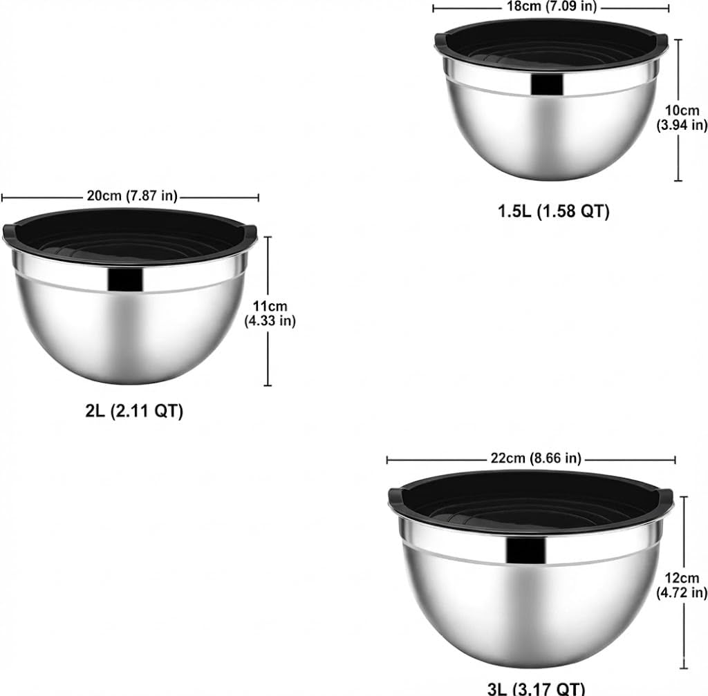 TEEM Stainless Steel 304 Mixing Bowls with Lids, Set of 3 Large Medium Small 1.5L 2L 3L (1.6QT 2.1QT 3.2QT) Food-Grade Metal Nesting Salad Bowls - Rust-Resistant, Dishwasher Freezer Safe