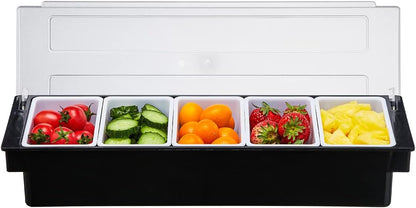 Ice Cooled Condiment Serving Container-6 Compartment Chilled Garnish Tray Bar Caddy with Hinged Lid (6 Compartments)