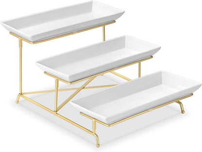 Yedio 3 Tier Serving Trays for Party, Porcelain Serving Platters and Trays, 12 Inch Tiered Tray Stand, Fruit Tray, Trays for Serving Food, White Dessert Stand with Collapsible Sturdier Metal Rack