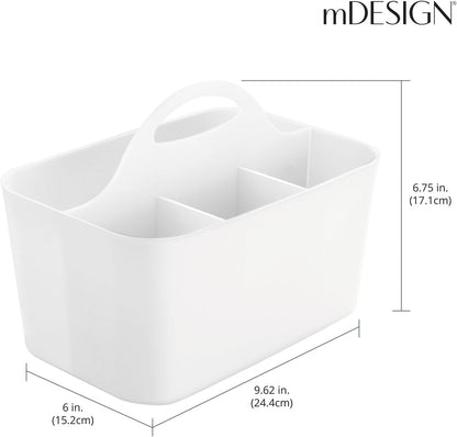mDesign Plastic Cutlery Storage Organizer Caddy Bin Tote with Handle - Kitchen Cabinet Divided Pantry Basket for Forks, Knives, Spoons, Napkins, Indoor/Outdoor Use, Lumiere Collection, White