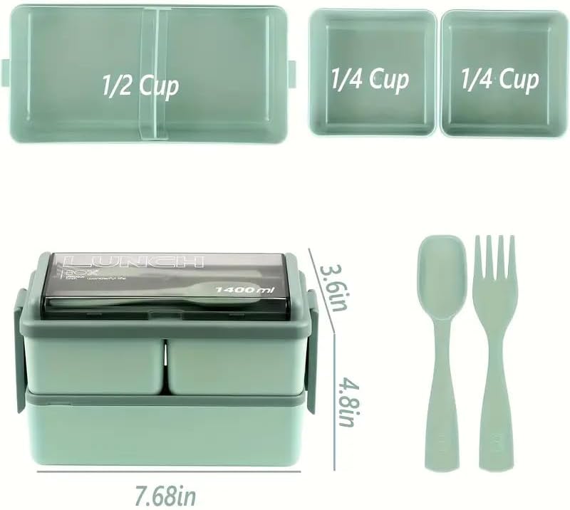 1400ml Lunch Box with 3 Compartments - 2 Layer Leak Proof Bento Box with Insulated Bag and Cutlery, Meal Prep Container Box for Adults Kids Students Office Microwave Dishwasher Safe Available (Green)