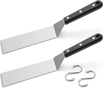 Metal Spatula Set of 2, HaSteeL 12In Long Stainless Steel Griddle Spatula, Heavy Duty Narrow Pancake Flipper Burger Turner for Teppanyaki Flat Top Hibachi Indoor Outdoor, Wooden Handle & Easy to Clean