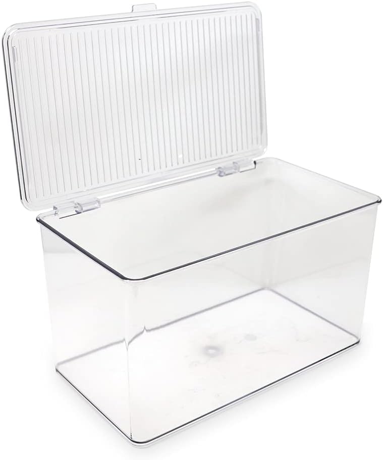Isaac Jacobs Medium Stackable Organizer Bin (10.75”x6.5”x3.7”) w/ Hinged Lid, Clear Storage Box, Home, Office, School, Fridge, Bathroom, Kitchen, Pantry Container, BPA-Free, Food Safe (Medium, Clear)