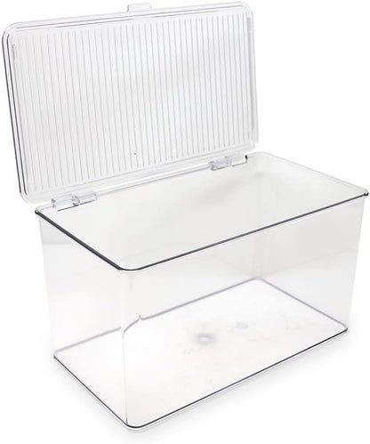 Isaac Jacobs Medium Stackable Organizer Bin (10.75”x6.5”x3.7”) w/ Hinged Lid, Clear Storage Box, Home, Office, School, Fridge, Bathroom, Kitchen, Pantry Container, BPA-Free, Food Safe (Medium, Clear)