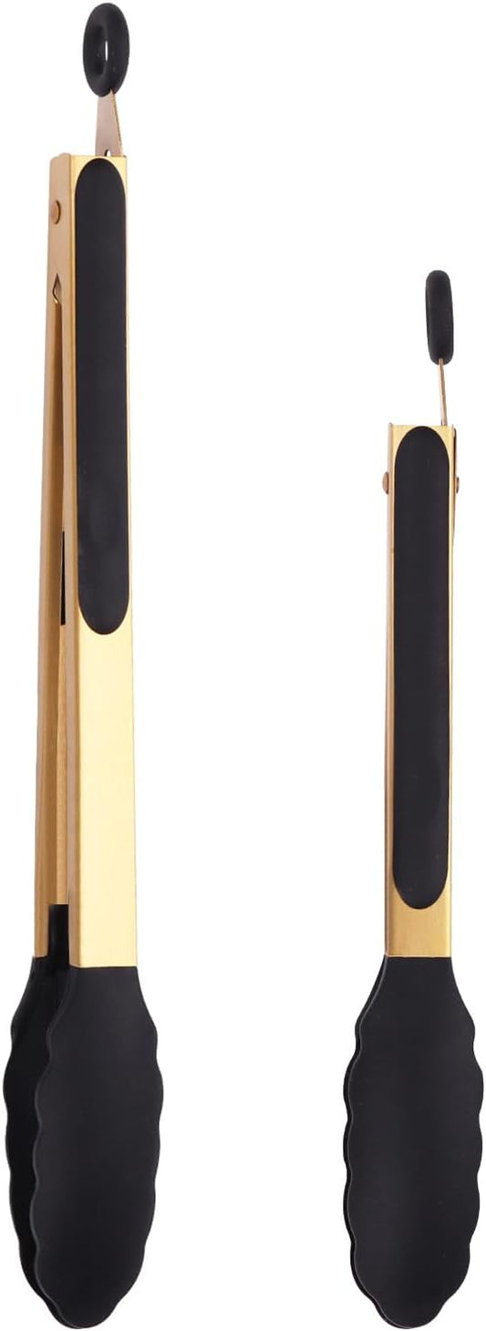 2-Piece Kitchen Spatula Tongs Food Serving Tongs 9" and 12" Cooking with BPA Free Silicone Tips, Toaster Steak Pie Pizza Pasta Spaghetti Noodles Salad Grill BBQ Buffet Clamp Serving Tools(Gold)