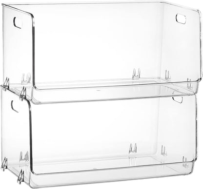 Nicunom 2 Pack Stackable Plastic Storage Bins Open Front, Clear Pantry Organizer Bin Household Food Storage Bin for Kitchen Countertops Cabinet Shelf Fridge
