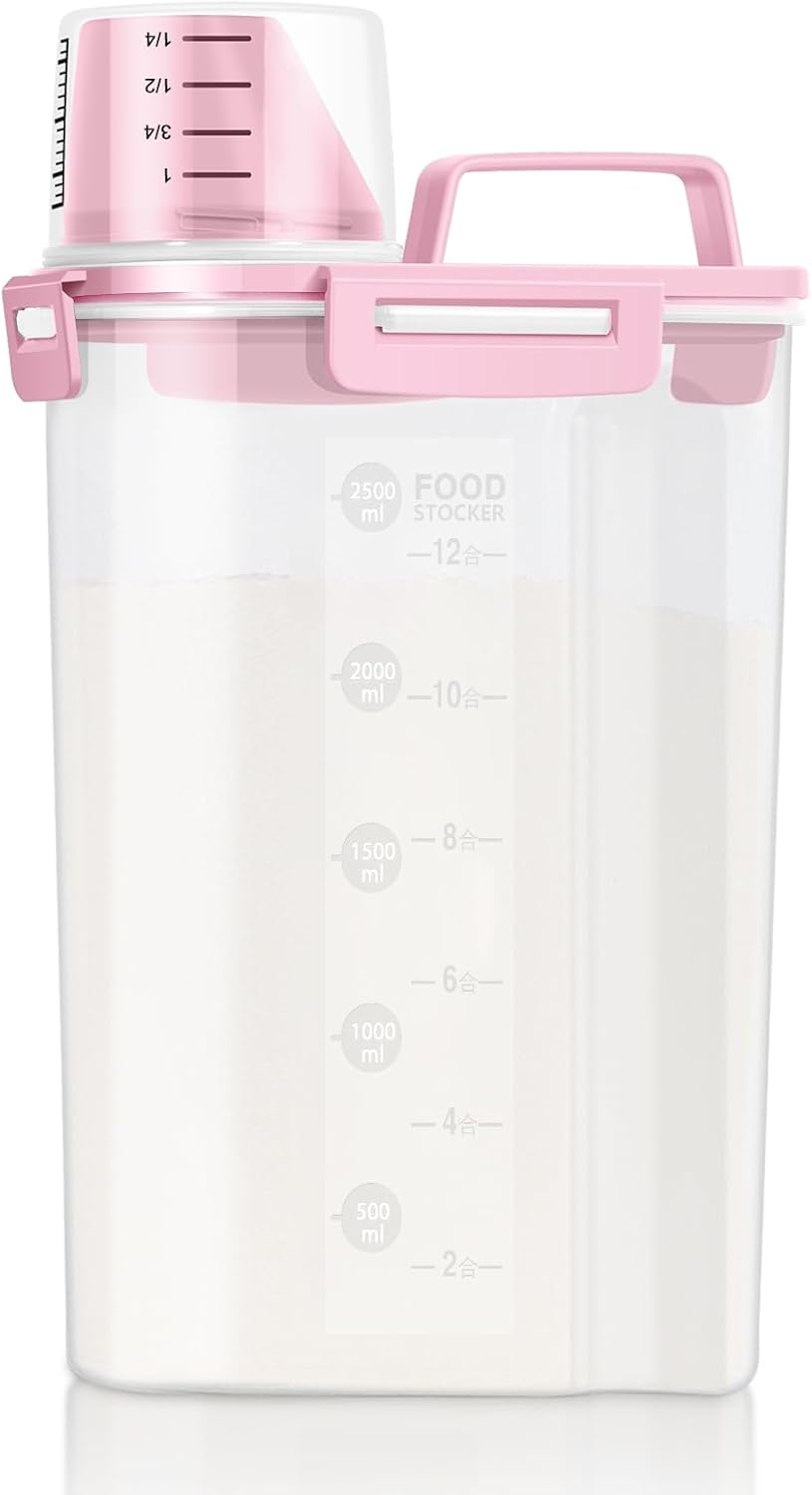 LEAWALK Airtight Rice Storage Container, 3-5Lbs Cereal Dry Food Flour Bin, Pet Dog Cat Food Dispenser with Measuring Cup, BPA Free Plastic Kitchen and Pantry Organization Bin for Sugar-Clear Grey