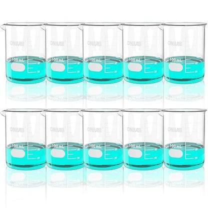 ONiLAB Glass Measuring Beaker Set 50ml 100ml 250ml (Pack of 3) 3.3 Boro Griffin Low Form with Printed Graduation Scientific Glassware for Laboratories, Classrooms or Home Use 13900244