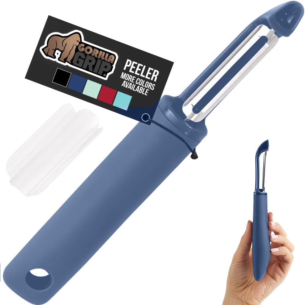 GORILLA GRIP® Patented BPA-Free Vegetable Peeler, Extra Sharp Swivel Stainless Steel Blades with Guard, Comfortable Soft Handle, Easily Peel Carrots or Fruit, Potato Eye Remover, Washer Safe, Black