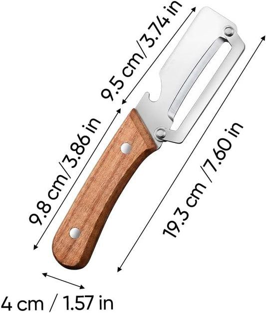Multi-Functional Vegetable Peeler with Julienne Slicer & Bottle Opener, Stainless Steel Blade & Wooden Handle, Ergonomic Kitchen Tool for Peeling, Slicing & Shredding Fruits & Veggies (Style-A, 1PC)