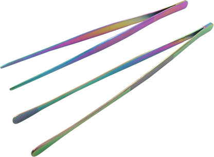 2 Pcs Stainless Steel Tweezers Tongs, 12 Inch Extra-Long Tweezers with Precision Serrated Tips for Kitchen Cooking, Baking, Garden (Rainbow)
