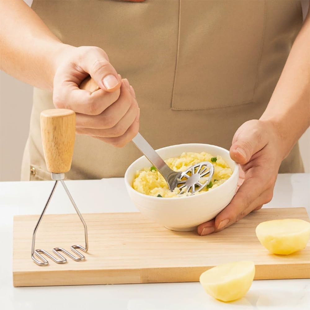 Small Potato Masher,Stainless Steel Tool Ergonomic Non‑Slip Wooden Handle