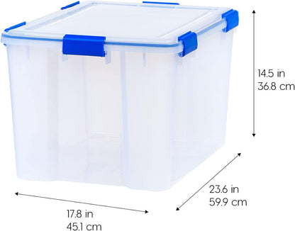 IRIS USA WeatherPro 16 Qt Storage Bins with Lids, 3 Pack, BPA-Free Plastic Gasket Box with Tight Latch and Seal, Stackable Nestable Tote Tub - Clear/Blue