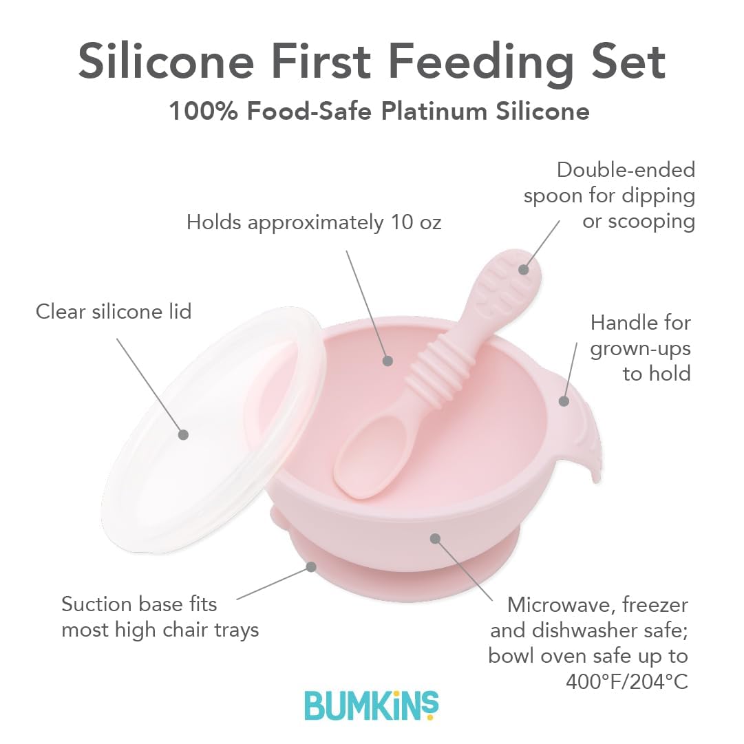 Bumkins Baby Bowl, Silicone Feeding Set with Suction for Baby and Toddler, Includes Spoon and Lid, First Feeding Set, Training Essentials for Baby Led Weaning for Babies 4 Months Up, Sage