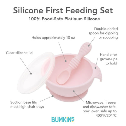 Bumkins Baby Bowl, Silicone Feeding Set with Suction for Baby and Toddler, Includes Spoon and Lid, First Feeding Set, Training Essentials for Baby Led Weaning for Babies 4 Months Up, Sage