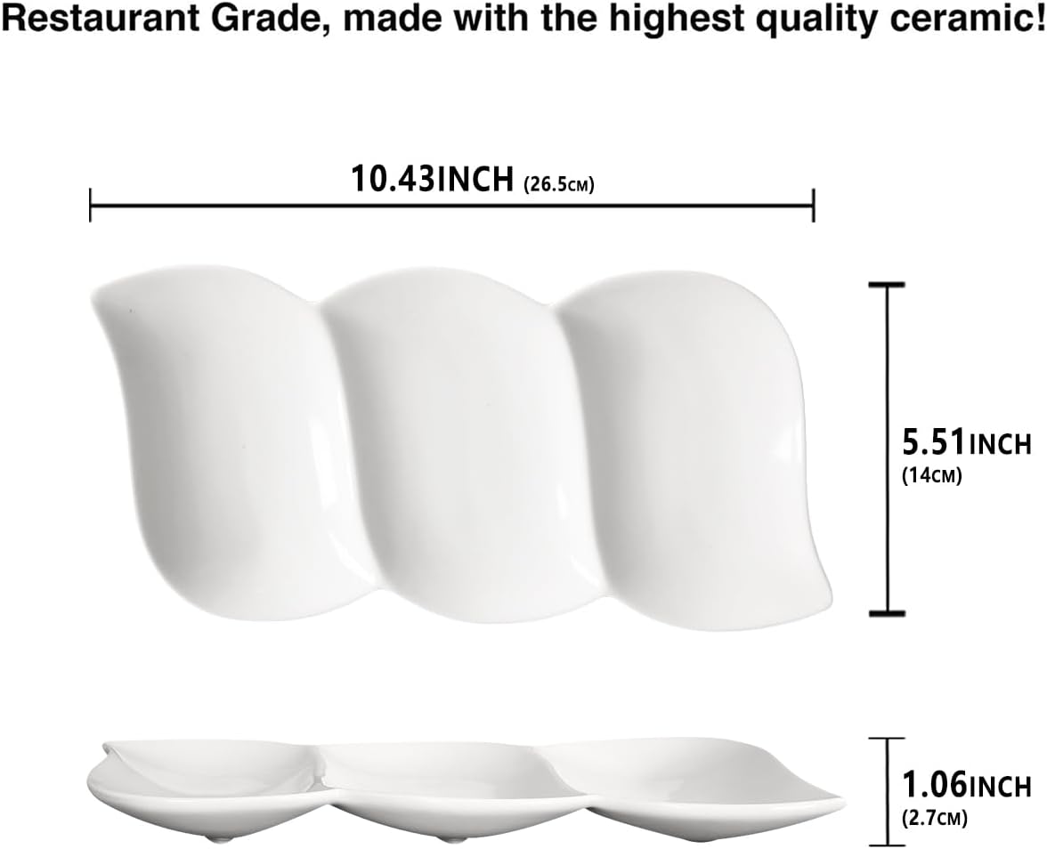 Chip and Dip Serving Set Porcelain Tray Deep Divided Bowl,Set of 2 Divided Platters/Divided Bowls,Lunch&buffet tableware,for Dishwashers,microwaves,ovens safety 13.9 Inch