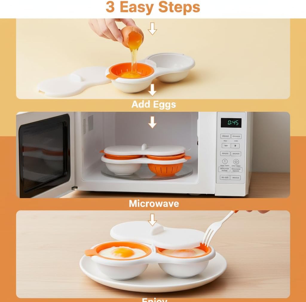 2 Cavity Microwave Egg Poacher, Microwavable Poached Egg Cooker with Lid & Handle Double Layer Microwave Egg Poacher Boiled Eggs Maker Poached Egg Cup for Breakfast with Oil Brush and Scraper (Yellow)