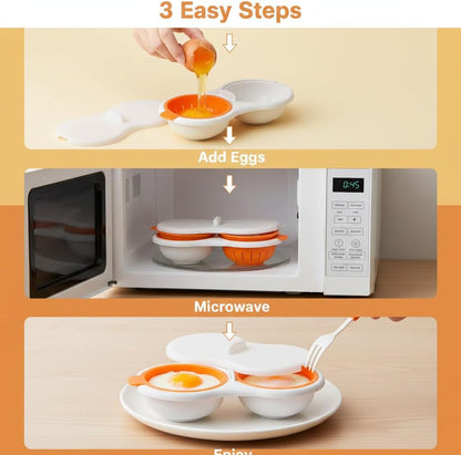 2 Cavity Microwave Egg Poacher, Microwavable Poached Egg Cooker with Lid & Handle Double Layer Microwave Egg Poacher Boiled Eggs Maker Poached Egg Cup for Breakfast with Oil Brush and Scraper (Yellow)